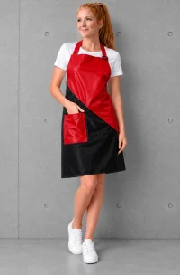 Mujer con delantal repelente al agua rojo y negro con hebilla regulable y bolsillo frontal