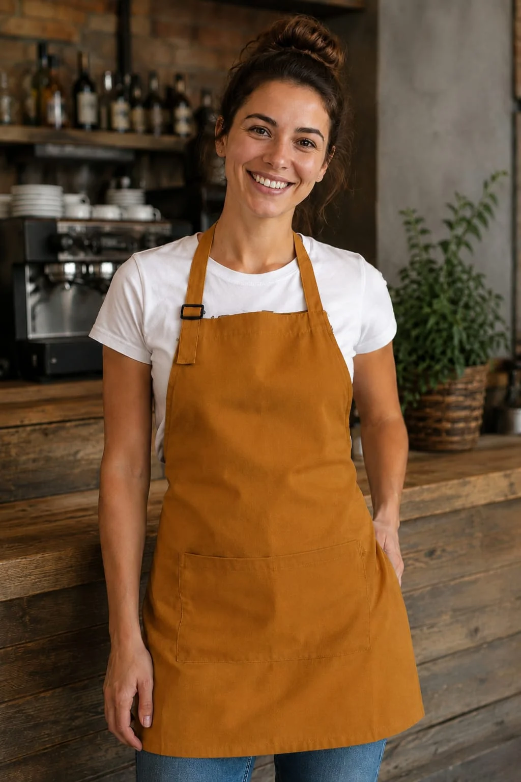 mujer con Delantal de Gabardina Curry Tostado