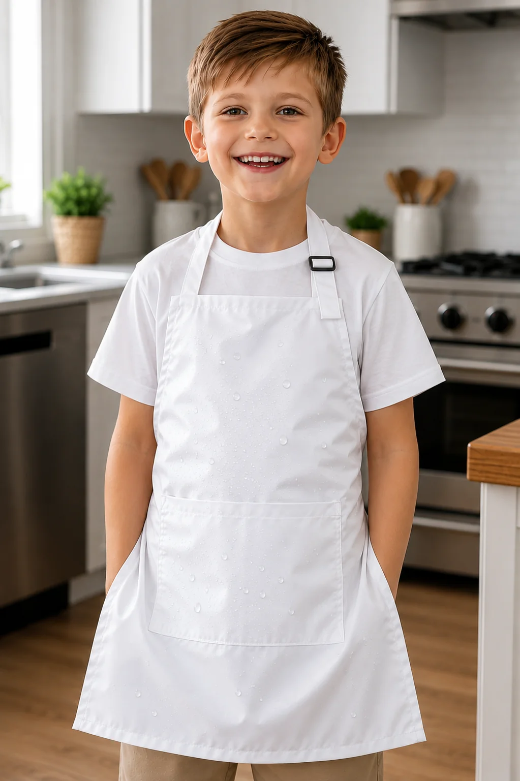 Delantal impermeable para niños blanco, tela raquel repelente al agua, ideal cocina y manualidades - Mundo del Delantal Chile
