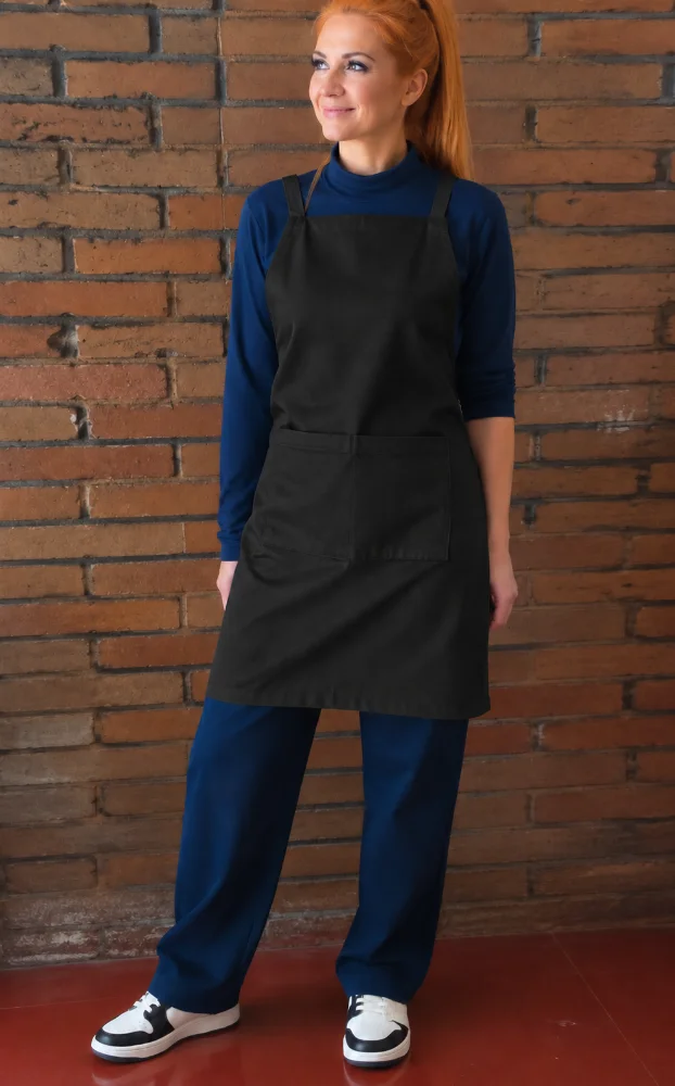 Delantal cruzado en la espalda negro de gabardina para restaurante, bar y cafetería