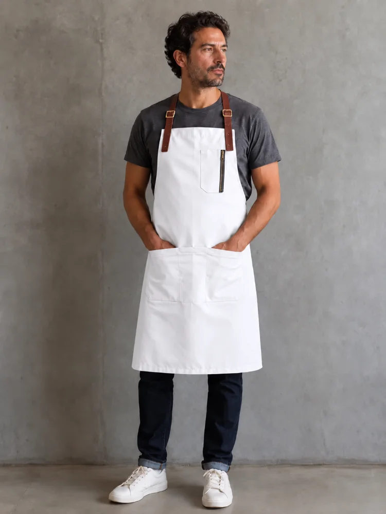 Delantal gastronómico blanco de gabardina con tirantes de cuero para restaurante, chef y cocina profesional