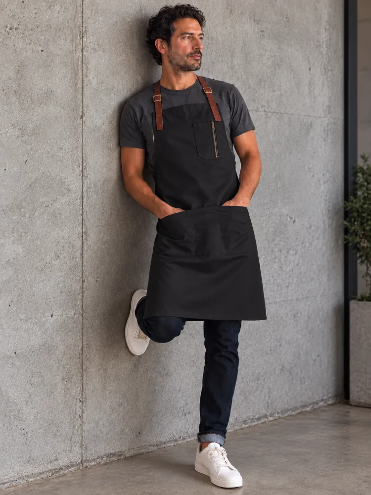 Delantal gastronómico negro de gabardina con tirantes de cuero para restaurantes, cafeterías y equipos gastronómicos.