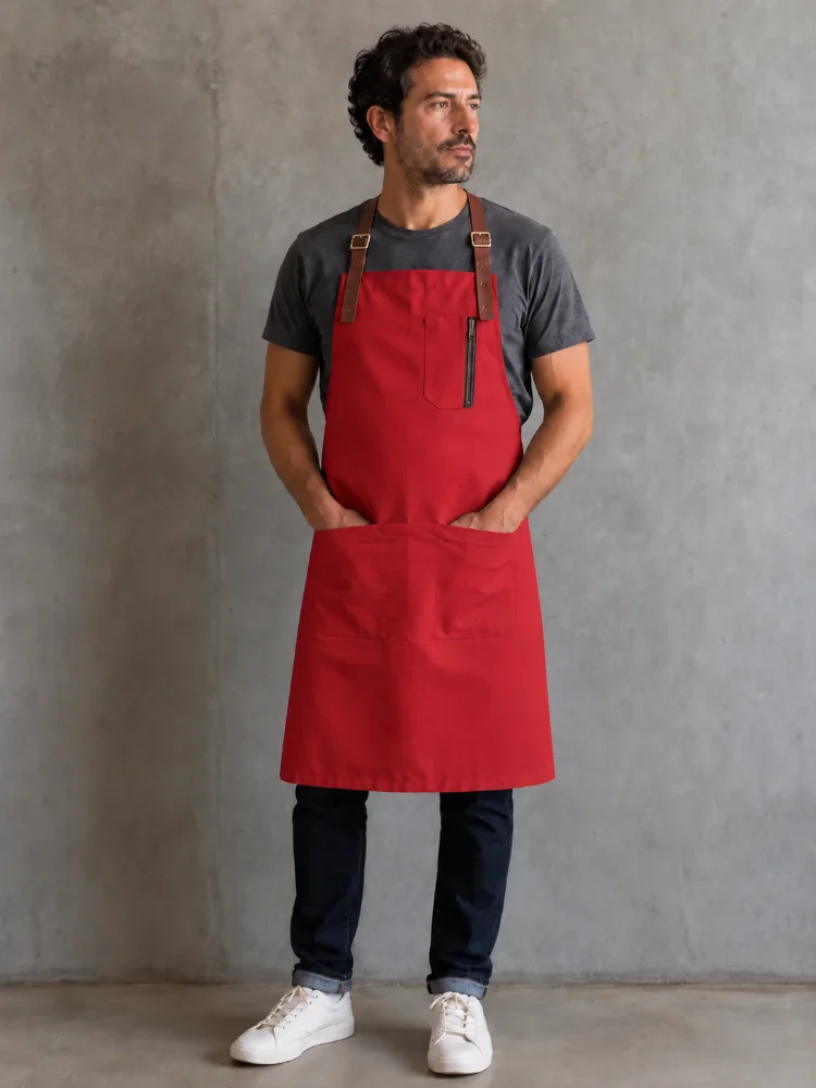 Delantal gastronómico rojo de gabardina con tirantes de cuero para restaurante y cafetería