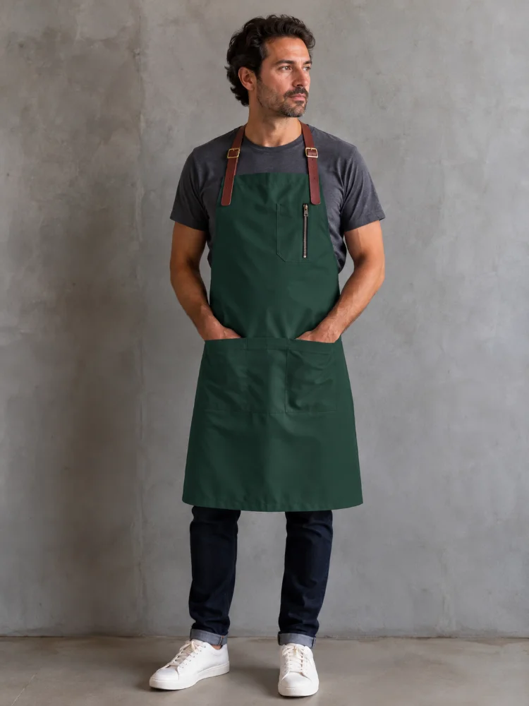 Delantal gastronómico verde botella de gabardina con tirantes de cuero para restaurante, bar y cafetería