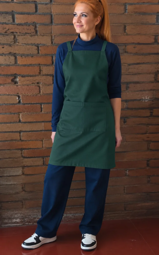 Delantal cruzado en la espalda verde botella de gabardina para restaurante y cafetería
