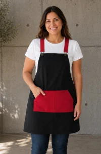 pechera corporativa negra con rojo ajuste jardinera tirantes cruzados para cocina restaurantes trabajo escuelas atencion a publico