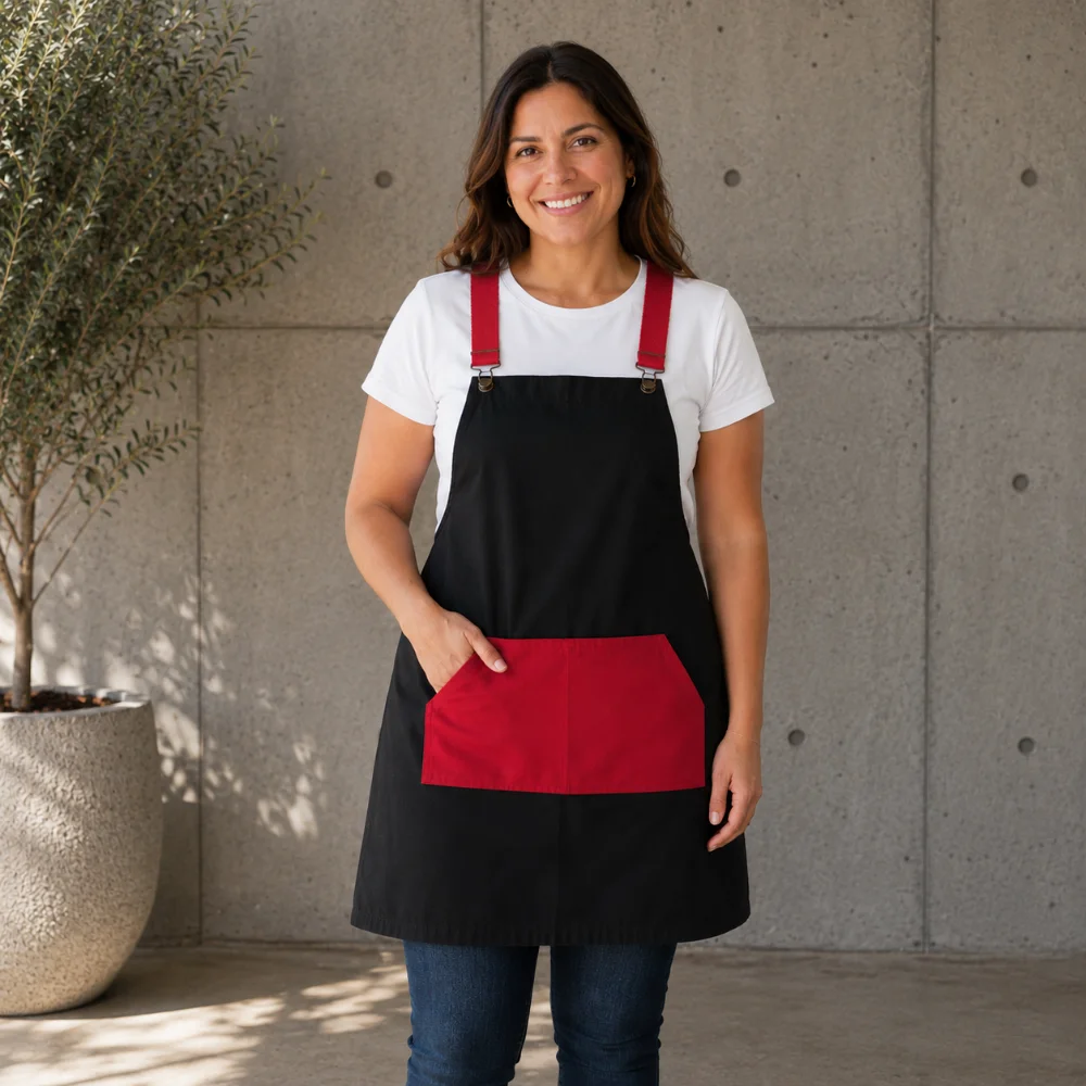 pechera corporativa negra con rojo ajuste jardinera tirantes cruzados para cocina restaurantes trabajo escuelas atencion a publico